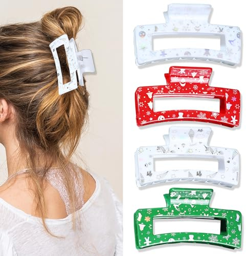 GFORI Weihnachten Haarspangen Große Haarklammer,4 Stück Rechteckige Haarklammern Dünnes Dickes Lockiges Haar für Damen Rutschfest Haarspange Weihnachts-Haarschmuck