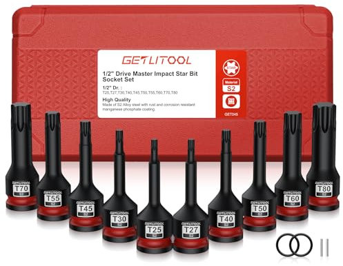 GETLITOOL Lot de 10 douilles Torx à impact 1/2 en acier S2 avec taille marquée et étui de rangement T25-T80 pour réparation automobile, entretien mécanique