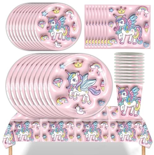 BZQCPLX Unicorn Birthday Party Tableware, 51 Pcs Unicorn Theme Party Supplies, 3d Pattern Unicorn Tableware Party Plates Cups Napkins Tablecloth Pink Party Tableware for Girls