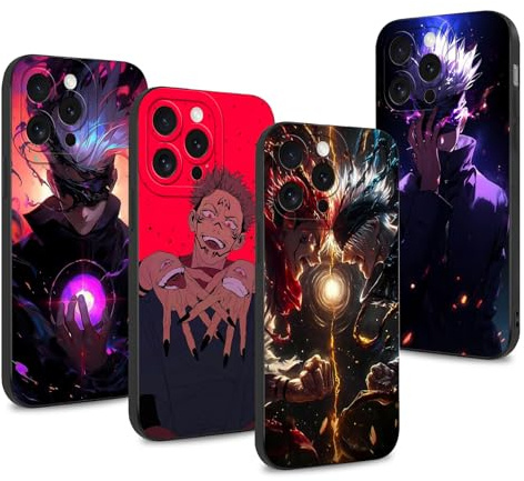 LunarDrift 4 Stück Handyhülle für iPhone 15 PRO MAX Hülle 6.7'', Anime Motiv Gojo Satoru Itadori Yuji Manga Muster Schutzhülle Jungs Case Schutz der Linse Design Silikon TPU Stoßfest, Schwarz4