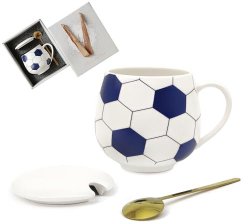 Old Craftsmen's Creation 13.5oz Funny Coffee Mug Soccer Ball Cereal Bowl with Lid and Spoon, Kids Christmas Soccer Gifts for Boys Girls, Unique Tea cups for Soccer Fans, Soccer Players, Blue