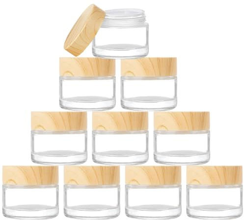 ToKinCen 10 Stück 5ml Bambusdeckel Döschen,Transparente Leer Döschen,Glas Cremedose,für Kosmetika Cremes Puder Lotion Mini-Kerzen Lippenbalsam (Transparente Farbe)