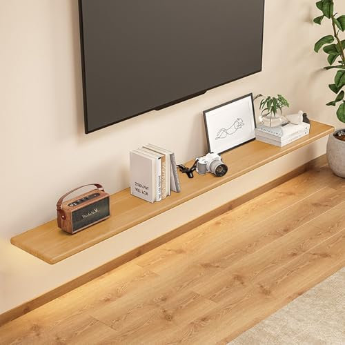 Meuble TV Suspendu avec Lumière LED - Meuble Tele Bois Massif Etagere Flottante Murale avec Passe-Câbles Etagere Murale TV pour la Maison et Le Bureau,Wood Color,24×120cm(10×47in)