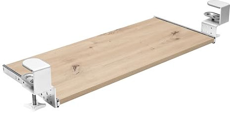 FIX&EASY Tastaturauszug klemmbar mit Tastaturablage 600X400mm eiche Dekor, Tischklemmen höhenverstellbar weiss, Schienen verzinkt 400mm, Auszug für Tastatur Maus Keyboard und Laptop Ablage