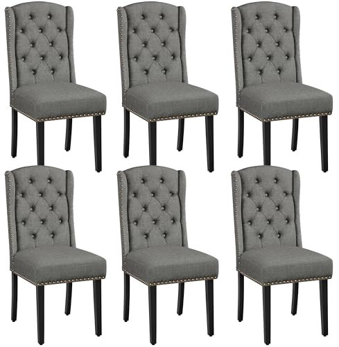 Yaheetech Juego de 6 Sillas de Comedor Tapizadas con Botones Silla Tapizada Patas de Madera Sillas Descalzadoras para Cocina Restaurante Comedor Gris Claro