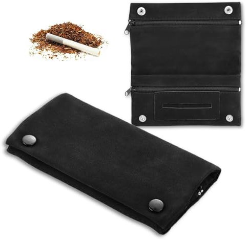 Tabaktasche Leder, 15.5×5.5cm Mehrschichtig Tragbar Tabakbeutel, Drehtabak Tasche, Allzweckleder Tabaktasche, Tabaktasche Leder mit Faltbar, Tabakbeutel für Drehtabak(Schwarz)
