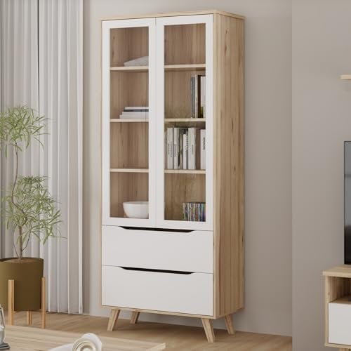 Forte VANNKA Vitrine 85, Vitrinenschrank mit 2 Glastüren und 2 Schubladen, Holzwerkstoff, Planked Eiche Dekor/Weiß, 84,7 cm breit, 201,5 cm hoch, 42 cm tief