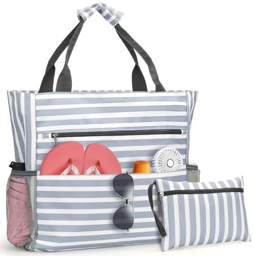 MELLIEX Strandtasche XXL Familie, 35L Wasserdichte Badetasche Groß mit Reißverschluss, 10 Fächer Leicht Faltbare Beach Bag