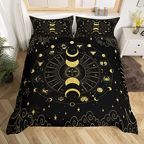 richhome Sun And Moon Bohemian Mandala Duvet Cover Bedding For Kids Constellation Zodiac Golden Black Galaxy Stars Nebula Bedroom Decor 2Pcs Junior/Cot Bed