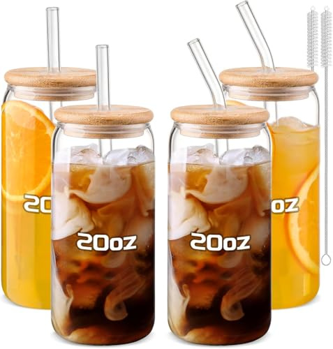 MHDCLY Glass Cups 20 oz,Glass Cups with Lids andStraws 4 pcs-Coffee Cups,Drinking Glasses Set,Glass Tumbler with Straw and lid Gift 2 Cleaning Brushes