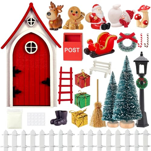 VARACL 25PCS Christmas Elf Girl Fairy Doors Decorations Kit, Wooden Miniature Magic Elf Door Tiny Christmas Miniature Ornament Kits for Xmas Accessories Fairy Tale, Xmas Dollhouse Home Decor