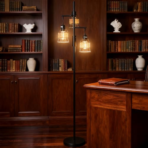 KlkrzJwy Lampadaire Arbre 61 3 Lumières Rétro Américain Noir Rechargeable Lampadaire Base En Bois Lampe Sur Pied Avec Télécommande E27 Dimmable Pour Salon Chambre Bureau Villa