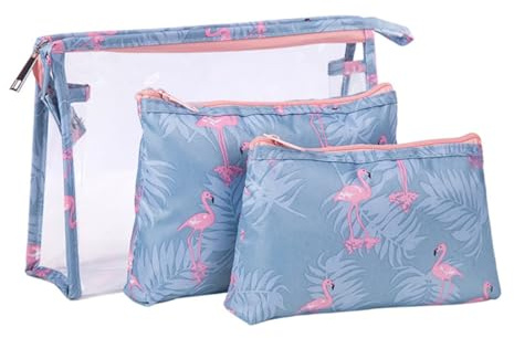 Hoement Flamingo Print PVC Kosmetiktasche 3 Stück Transparente Make Up Aufbewahrungstasche Reise Kulturbeutel für Damen