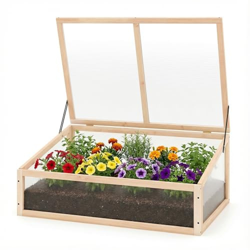 COSTWAY Serre de Jardin en Bois de Sapin 94 x 63 x 40 cm, Jardinière Surélevée Portable avec Toit Transparent Basculant, Petite Serre pour Balcon Jardinage (Naturel)