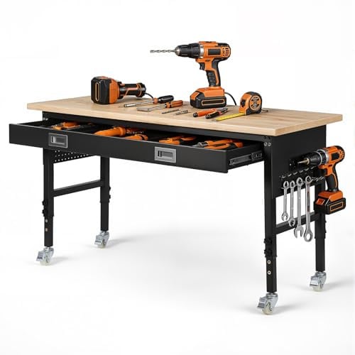 VEVOR 60-inch Adjustable Workbench, 1500 lbs Load Capacity, Garage Workbench with Drawer, Power Outlet, Wheels, and Pegboard, Heavy Duty Oak Wood Top Work Table for Garage, Workshop, Office, and Home