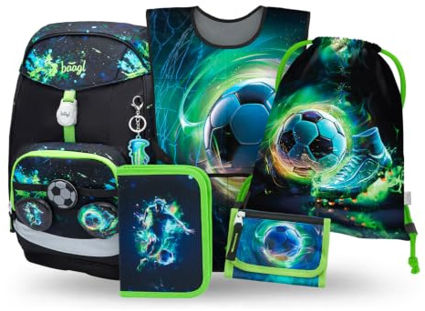 Baagl Airy Plus Schulranzen-Set 5-teilig, 25 l, ab 130 cm (Fußball) | Isoliertes Snackfach; Magnetverschluss; Brust- und abnehmbarer Hüftgurt