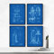 Nacnic Blau Feuerwehr Patent Poster 4-er Set. Vintage Stil Wanddekoration Abbildung von Feuerlöscher und Feuerwehrkleidung. Verschiedene geometrische Alte Erfindungen Bilder ohne Rahmen. Größe A4.