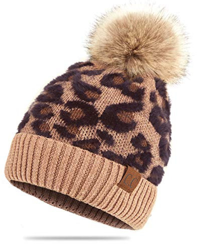 C.C Weiche Mütze mit Leopardenmuster und Fellbommel (HAT-7001) (SF-7001), Latte-Leo, Einheitsgröße