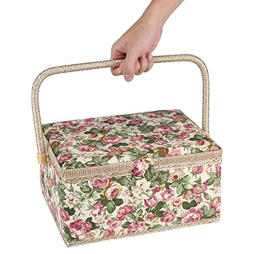 Panier à couture pour boîte à couture, panier à couture imprimé floral rose avec poignée ergonomique pour organisateur de maison, 30,5 x 23,1 x 15,5 cm