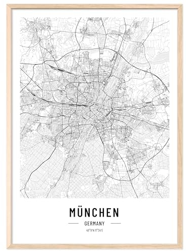JUNOMI® München Poster DIN A2 mit Rahmen Natur, DIN A2 Wohnzimmer Deko, Modernes Wandbild, München Bild, Wandbild mit Rahmen, Stadtplan Poster München, perfekte Geschenkidee für Münchener