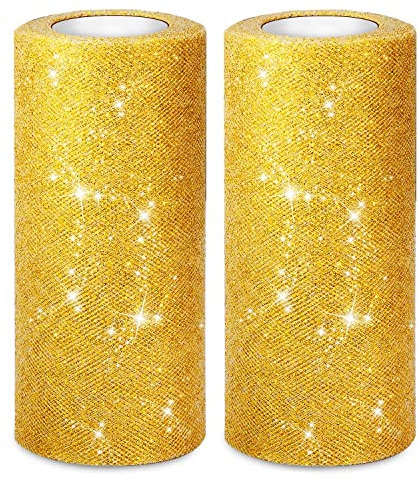 Jomnvo 2 Rolls 50 Yards 6” Wide Sparkling Tulle Roll Glitter Tulle Fabric Ribbon Roll Tulle Spool for Bow Making Tutu Skirt Wedding Christmas Tree Decoration, Gold