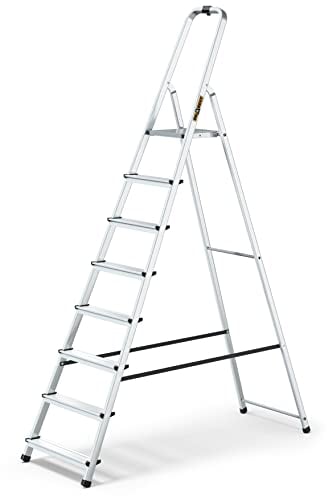DRABEST Escalera de tijera plegable de 8 peldaños Escalera de aluminio con bandeja de trabajo Escalera doméstica Capacidad de carga hasta 125 kg Gancho libre