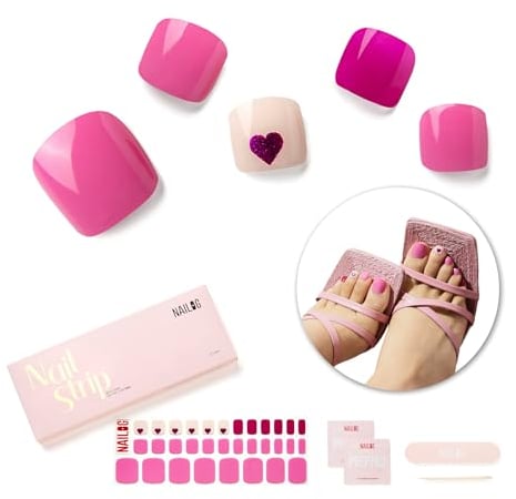 NAILOG Semi Cured Gel Nail Strips, Toe Nail Polish Strips with Glossy Gel Finishing | 32 Pieces Long Lasting Pedi Nail Wrap | Pink, Magenta, Heart Print | Never Too Late