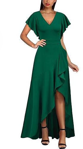 MIUSOL Women's Elegant V-Neck Ruffle Short Flutter Sleeves Empire Waist Split Evening Party Long Dress (X-Large, Dark Green)