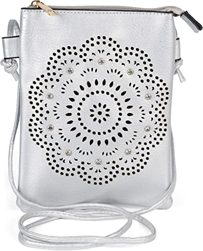 styleBREAKER Mini sac à bandoulière pour femme avec motif découpé au laser et strass, Pochette pour téléphone portable, sac à main 02012367, couleur:Argent