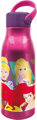 Disney Princess Original Aluminium Trinkflasche 760 ml für Kinder mit Kappe mit Silikongriff und Deckel mit Haken.