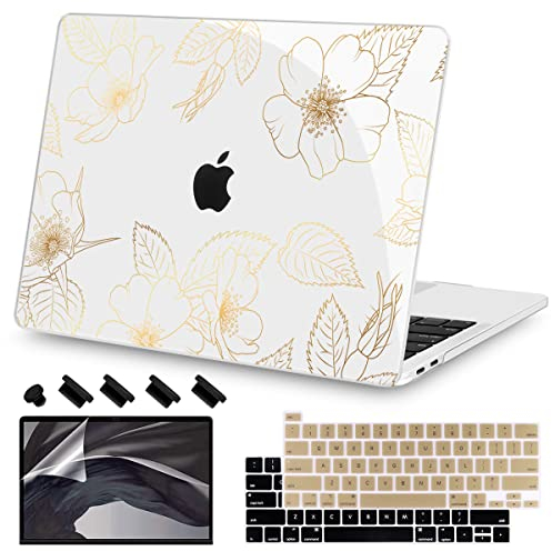 Teryeefi Für 2022 2020 MacBook Pro 13 Zoll Hülle M2/M1 Chip (Modell A2338 A2289 A2251 mit Touch Bar), Kunststoff-Hartschalenhülle & Tastaturabdeckung & Displayschutzfolie, Gold Floral Leaf