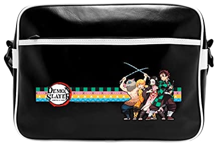 ABYSTYLE - Demon Slayer Umhängetasche mit Fächern aus Vinyl, Schwarz , 38 x 29 x 12,5 cm
