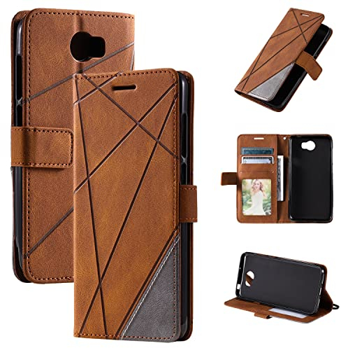 Kukoufey Hülle für Huawei Y6 II Compact, Leder, Flip Case, Stoßdämpfend, Braun, Geometrisch