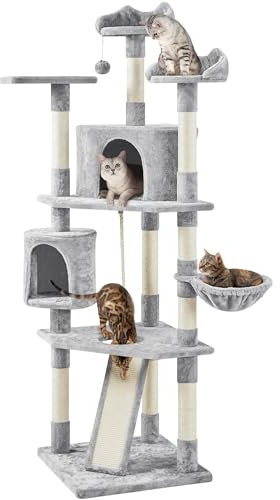 Yaheetech Cat Tree Tall, 200cm Tall Cat Tower for Indoor Cats, Large Cat Condo Sisal-Covered Scratching Posts Multi Level Activity Centre Cat Furniture, Light Gray