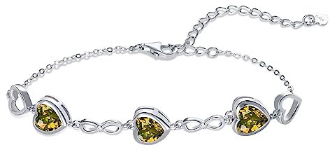 Qings 3 Herz Peridot Geburtsstein Armband Damen Silber 925 August Infinity Unendlichkeit Armkette mit Zirkonia Charms Verstellbar Kristall Armbände Geburtstag Weihnachten Geschenk für Mädchen Ihr