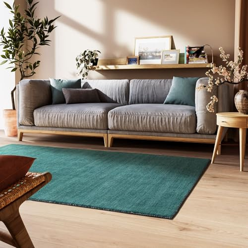 Steffensmeier Gabbeh Teppich Nomade | Wolle (Schurwolle), Türkis, Größe: 190x240 cm Kurzflor für Wohnzimmer, Flur, Ethno Look