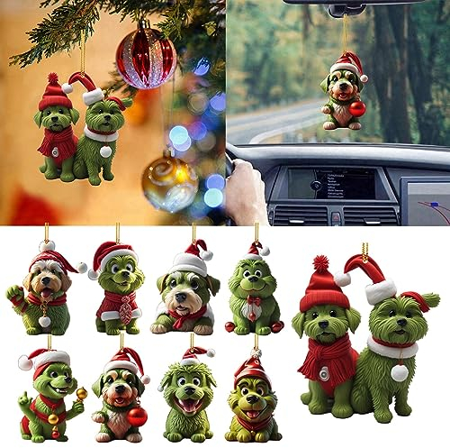 Niedlicher Grünem Hund Anhänger, Acryl Cartoon Weihnachtsbaum Grün Hunde Ornament Weihnachtsdeko, Weihnachtshunde zum Aufhängen im Fenster Auto Lustig Weihnachten Hunde Baumschmuck (9 PC, OneSize)