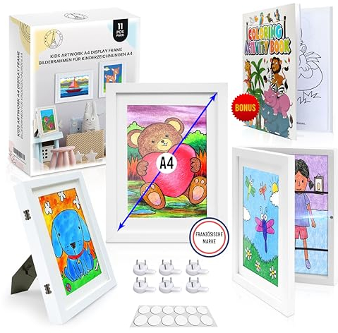 KidGallery Bilderrahmen für Kinderzeichnungen A4 – 2 weiße Kinder Kunst Rahmen aufklappbarer – Inklusive Malbuch – Einfache & organisierte Aufbewahrung – Kreatives Geschenk für individuelle Dekoration