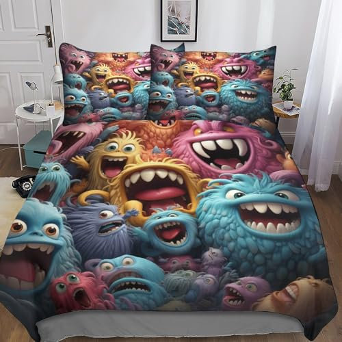 MEFESE Monster Bed Linen with Zip,Modern Geometric Pattern,3-Piece Kleine Monster Duvet Cover Set, Reversible Microfibre Bedding with Zip Für Ultraweicher,Hypoallergener Boys Girls Double(200x200cm)