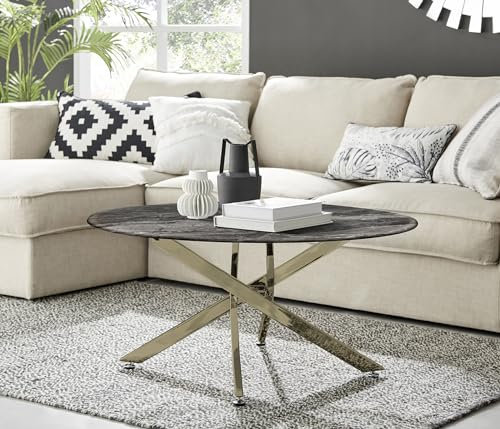 Furniturebox UK Novara Glass Dark Marble Effect Round Coffee Table - Shiny Gold Metal Legs In Stylish Nested Starburst Design - Modern Living Room Furniture for Contemporary Homes