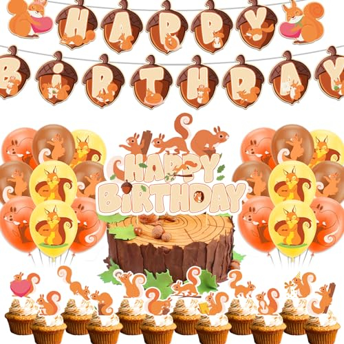 POMNUG Squirrel Birthday Party Decorations - Woodland Animals Supplies Including Banner, Cake Topper, Cupcake Toppers, Balloons for Zoo Animals Party