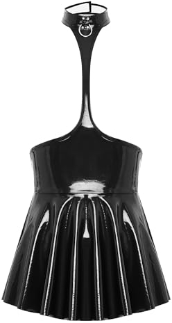 Agoky Damen Wetlook Lack Leder Kleid Vollbrust Corsagenkleid Korsett Partykleid A-Linie Knielang Punk Rock Gothic Kostüm Clubwear S-XXL Schwarz D M