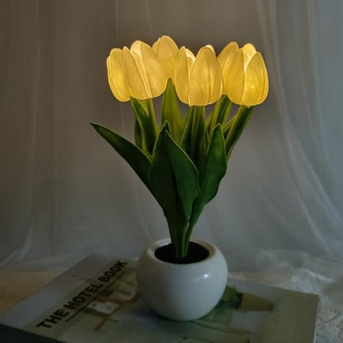 TWSOUL Tulpe Nachtlicht mit Keramikvase, Tulpe Lampe Tisch, Simulation Tulpe LED Tischlichter für Haus Wohnzimmer Desktop Dekor, Geschenke für Freunde (Weiß)