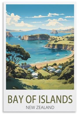 Bay of Islands New Zealand Vintage-Reiseposter Berg, 20 x 30 cm, Leinwand, Wandkunst, Poster für Wohnzimmer, Dekoration, Gemälde für Heimdekoration