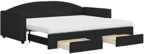 Willood Tagesbett mit Matratze Bettsofa Sofa Bett Sofabett Schlafsofa Bettgestell Ausziehbar mit Schubladen Schwarz 90x200 cm Stoff