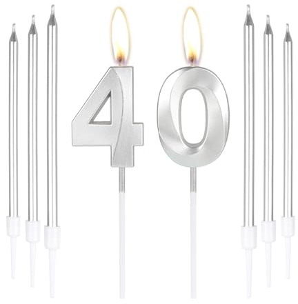 mciskin Silver 40 Birthday Candles-3D Number 40 Candle for Cake with 6pcs Long/Thin Candles Set,Silver Cake Topper for Women Men 40th Birthday Decorations Supplies,40th Wedding Anniversary Décor