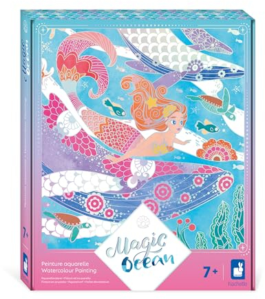 Janod - 4 Tableaux aux Traits Argentés - Peinture Aquarelle - Thème Sirène - Magic Ocean - Kit Loisir Créatif Enfant - Apprentissage Motricité Fine et Concentration – Dès 7 Ans – J09107