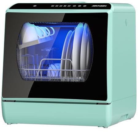 AIRMSEN Mini Table Top Dishwasher, 6 Programs Countertop Dishwasher, 5L Water Tank, 2 Ways Water Supply, Touch Control & LED Display, Ideal for Home Kitchens, Apartments, Dorms, Green