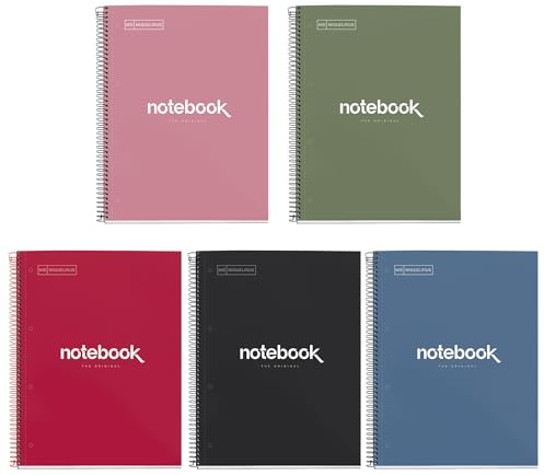 Miquelrius - Pack 5 Notebook A4 Notizbuch Emotionen, 80 Blatt 90 g/m², Raster 5 x 5 mm, 1 Farbstreifen, Notizbücher mikroperforierte Spirale, Extra steifer Einband, 4-Loch-Lochung, Lebendige Farben