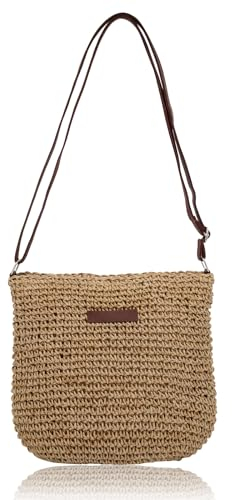 Bototack Straw Bag for Women, Small Summer Beach Crossbody Bag with Zipper and Adjustable Strap, Bohemian Weave Handmade Shoulder Handbags for Holiday Beach Travel (khaki)